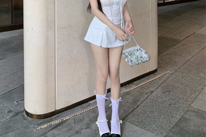 Lace Ruffle Plain Cap-Sleeve Trim T-Shirt