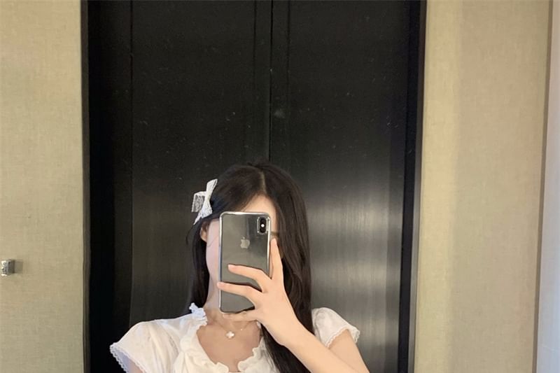 Lace Ruffle Plain Cap-Sleeve Trim T-Shirt