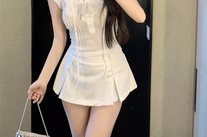 Lace Ruffle Plain Cap-Sleeve Trim T-Shirt