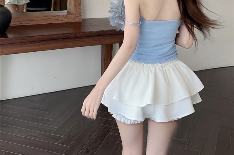 Off-Shoulder Detail T-Shirt Flower Plain