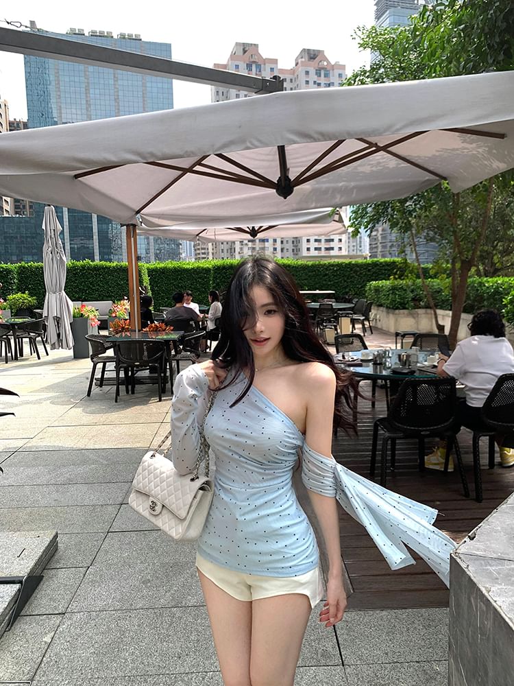 T-Shirt Long-Sleeve One-Shoulder Dotted