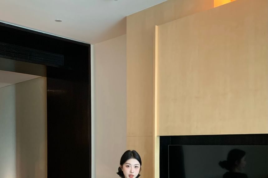 Front-Slit Print Skirt Mermaid Maxi Plain Sheer Waist / Long-Sleeve Top High Leopard