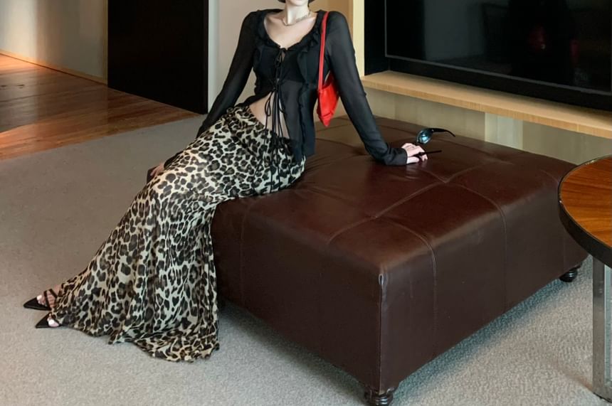 Front-Slit Print Skirt Mermaid Maxi Plain Sheer Waist / Long-Sleeve Top High Leopard