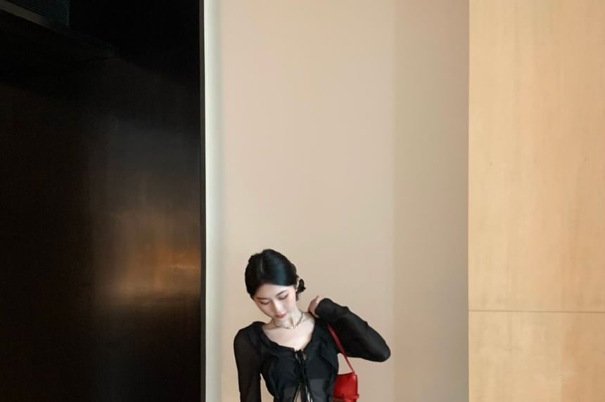 Front-Slit Print Skirt Mermaid Maxi Plain Sheer Waist / Long-Sleeve Top High Leopard