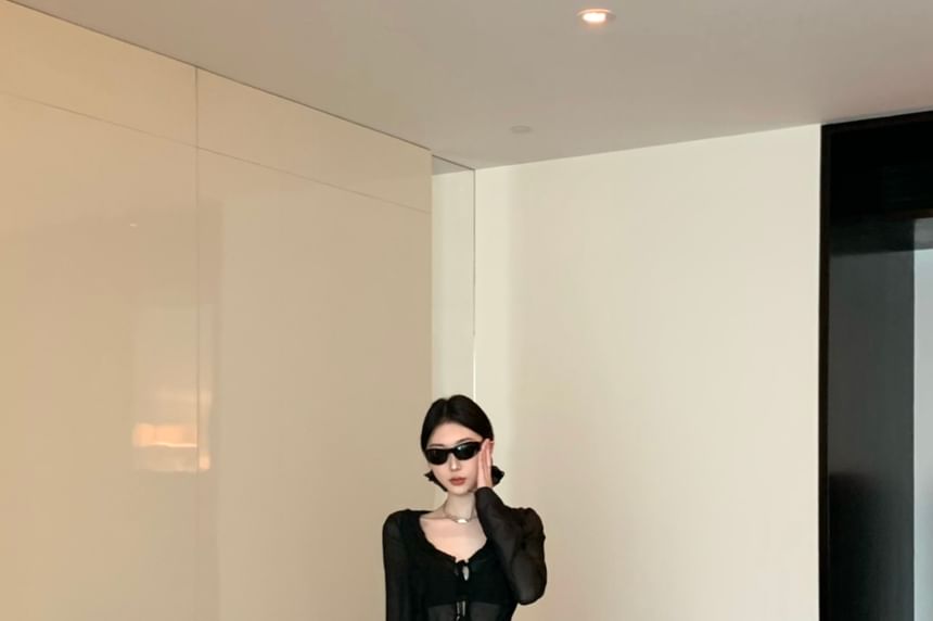 Front-Slit Print Skirt Mermaid Maxi Plain Sheer Waist / Long-Sleeve Top High Leopard