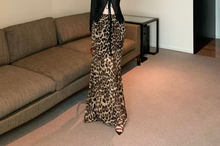 Front-Slit Print Skirt Mermaid Maxi Plain Sheer Waist / Long-Sleeve Top High Leopard