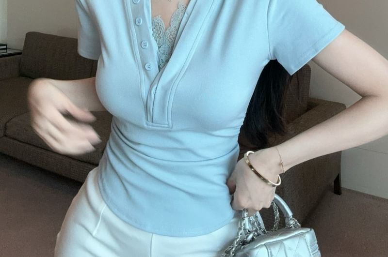 Short-Sleeve V-Neck T-Shirt Ruched Trim Plain Lace