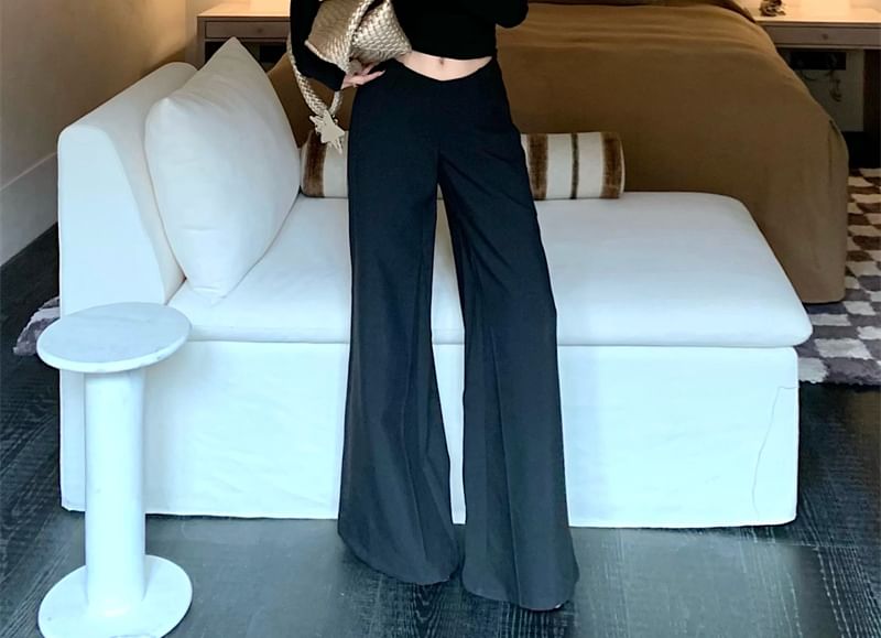 T-Shirt Long-Sleeve Low Pants Studded Flared Rise Cropped Off-Shoulder Plain /