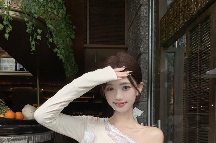 Trim Maxi Asymmetrical Skirt Rise A-Line Long-Sleeve Ruched High Tee Plain Lace / One-Shoulder