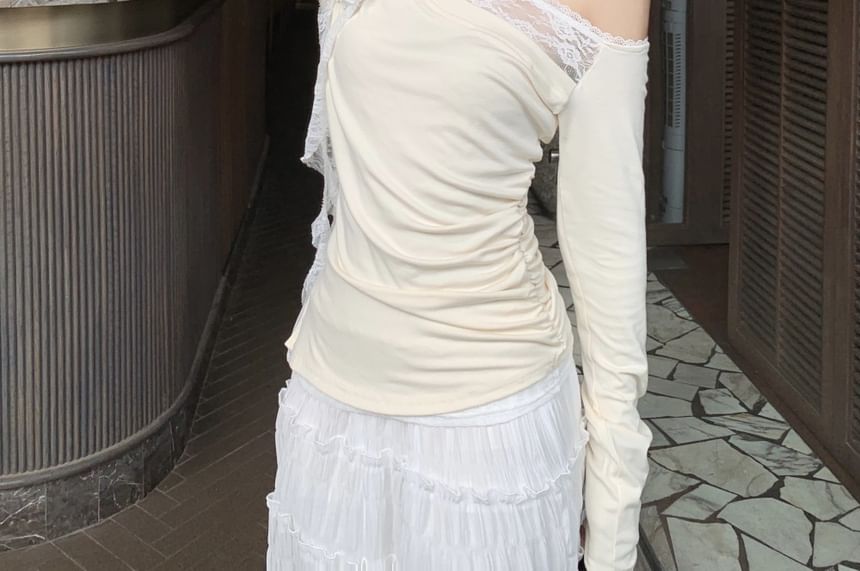 Trim Maxi Asymmetrical Skirt Rise A-Line Long-Sleeve Ruched High Tee Plain Lace / One-Shoulder