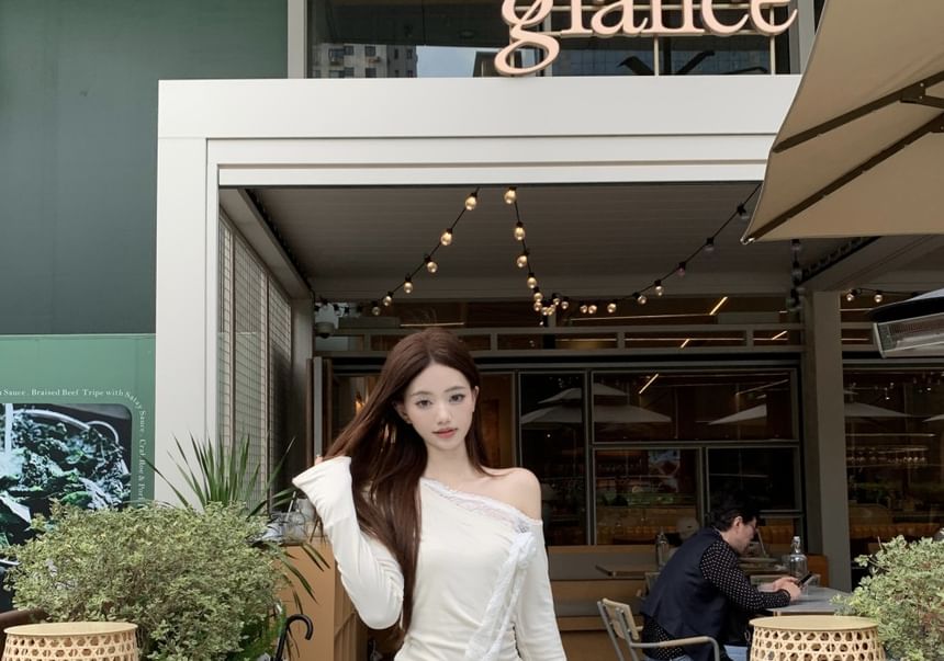 Trim Maxi Asymmetrical Skirt Rise A-Line Long-Sleeve Ruched High Tee Plain Lace / One-Shoulder