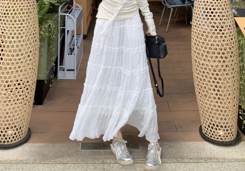 Trim Maxi Asymmetrical Skirt Rise A-Line Long-Sleeve Ruched High Tee Plain Lace / One-Shoulder