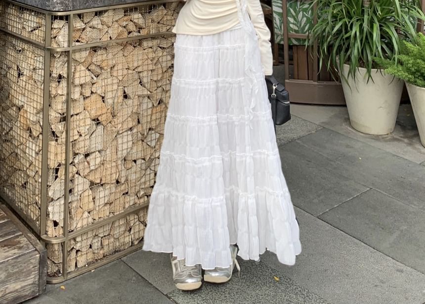 Trim Maxi Asymmetrical Skirt Rise A-Line Long-Sleeve Ruched High Tee Plain Lace / One-Shoulder