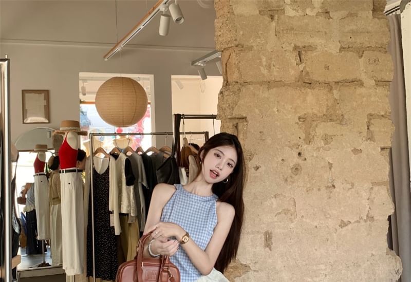 Panel Leg Asymmetrical High Top Cami / Jeans Plaid Wide Washed Waist