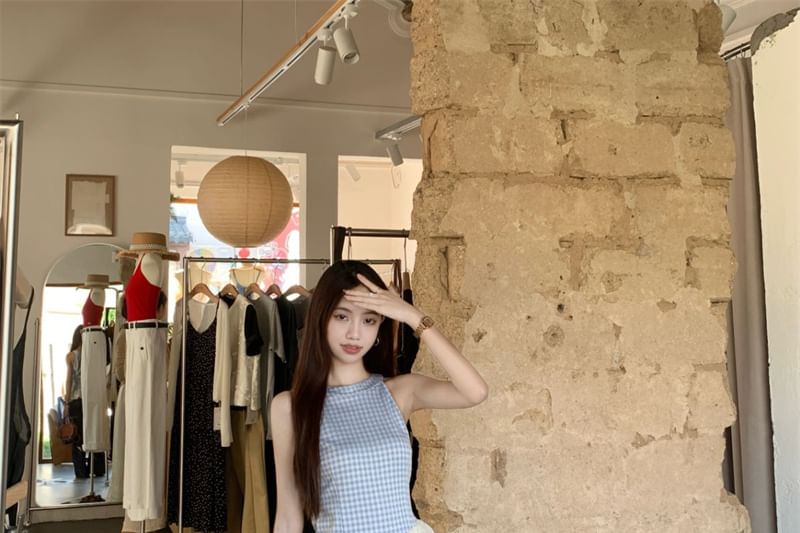 Panel Leg Asymmetrical High Top Cami / Jeans Plaid Wide Washed Waist