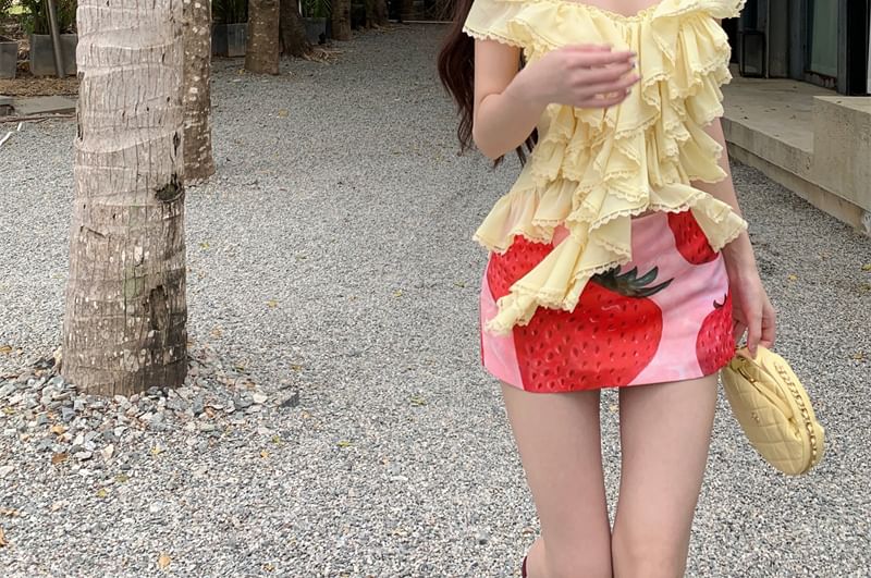 Skirt Mini / Waist Strawberry Print Pencil Top High Halter Ruffle Plain