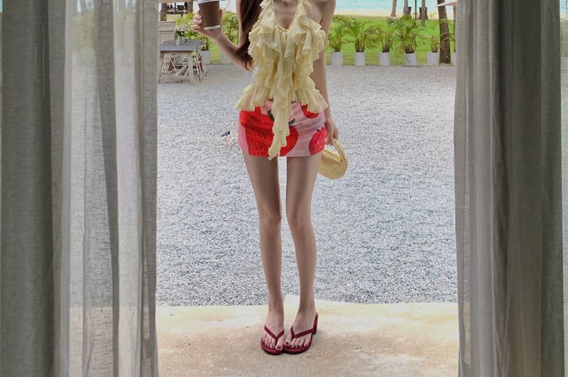 Skirt Mini / Waist Strawberry Print Pencil Top High Halter Ruffle Plain