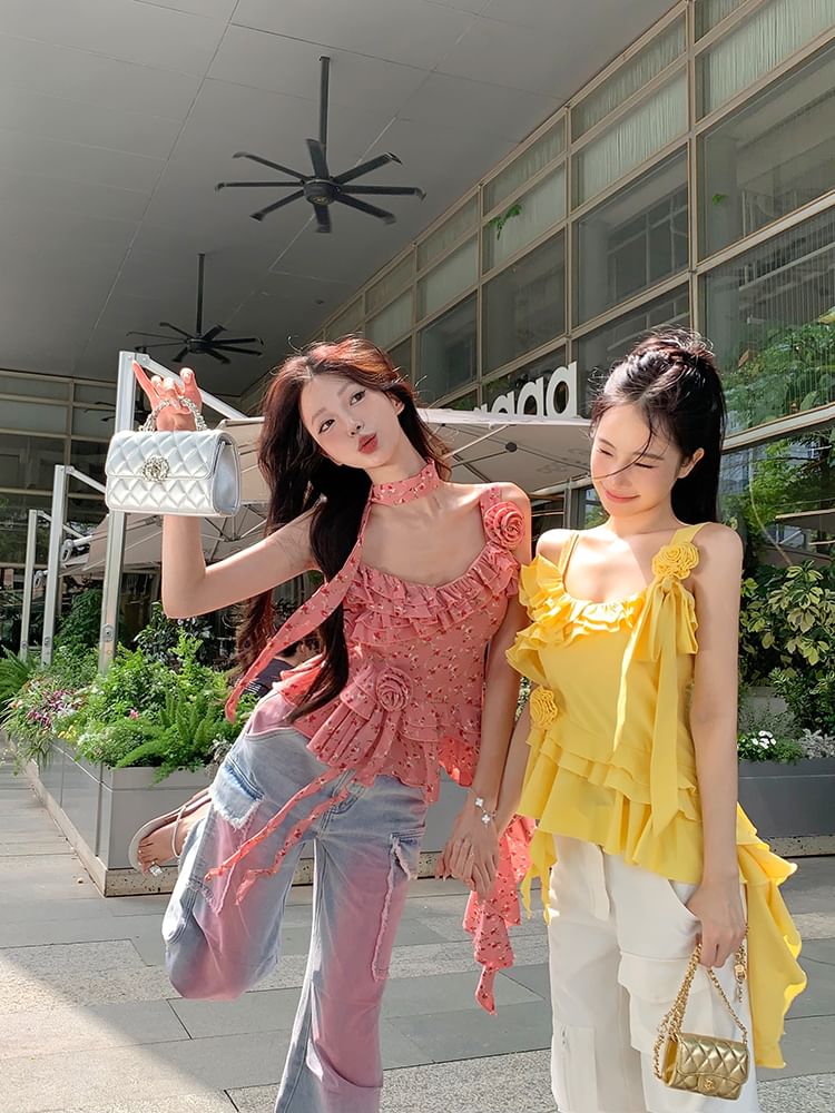 Top Floral Asymmetrical Detail Cami Plain Ruffle