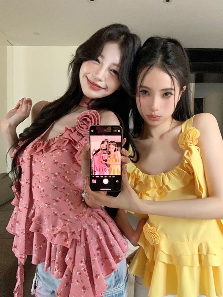 Top Floral Asymmetrical Detail Cami Plain Ruffle