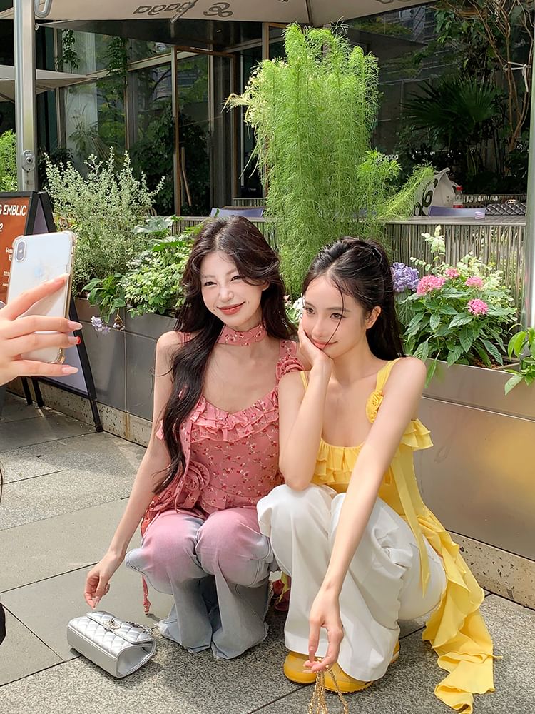 Top Floral Asymmetrical Detail Cami Plain Ruffle