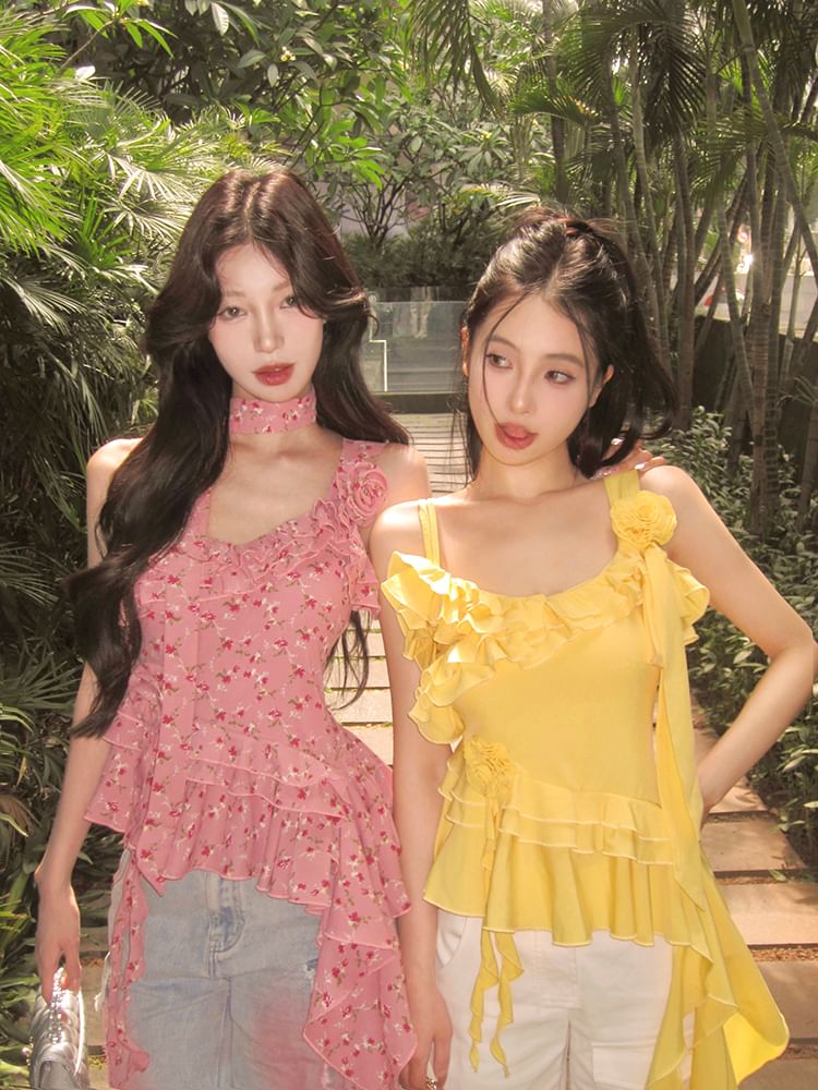 Top Floral Asymmetrical Detail Cami Plain Ruffle