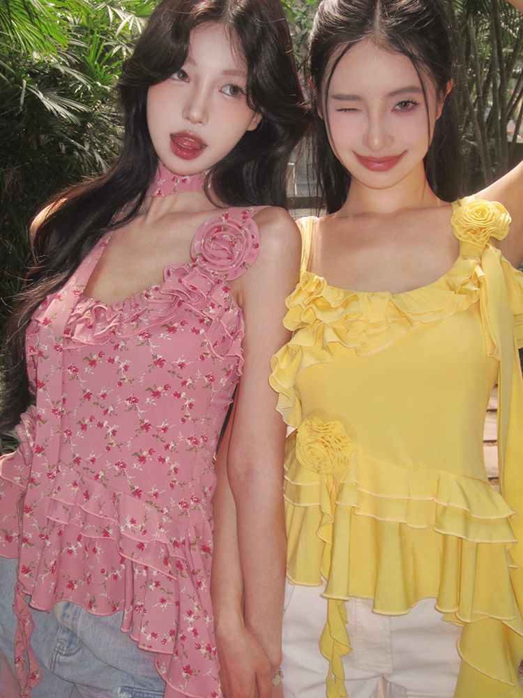 Top Floral Asymmetrical Detail Cami Plain Ruffle