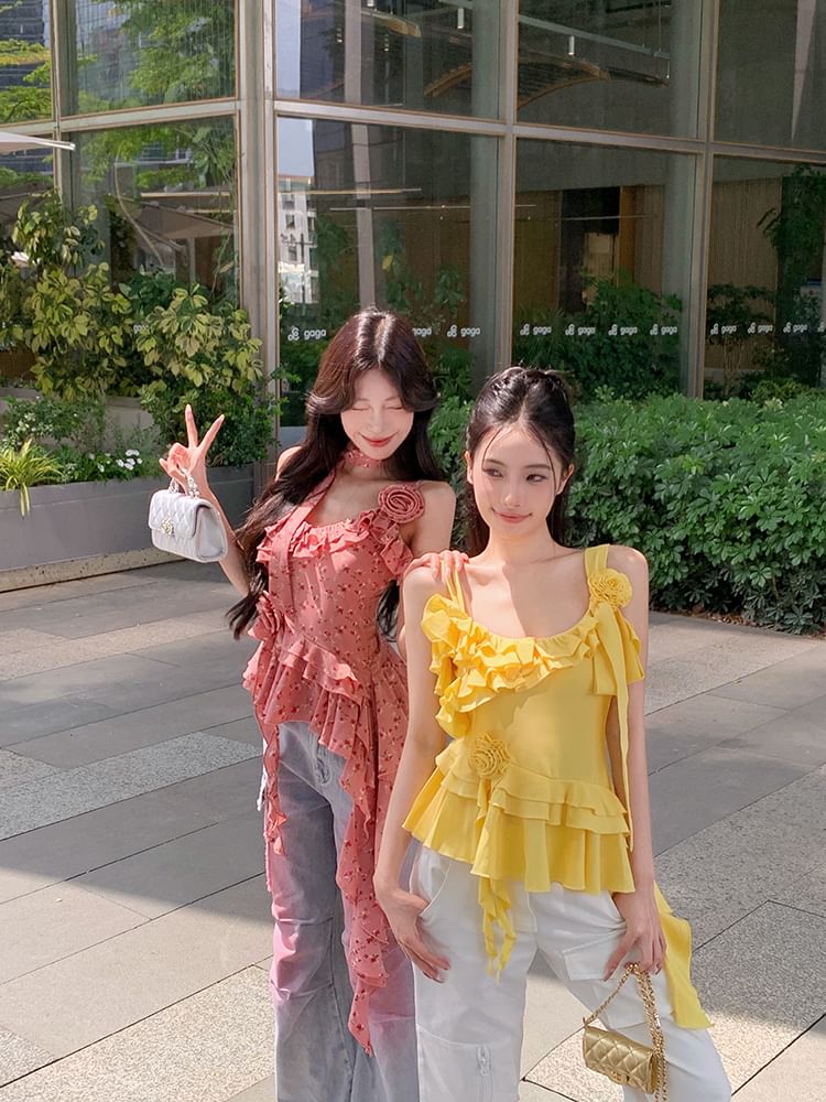 Top Floral Asymmetrical Detail Cami Plain Ruffle