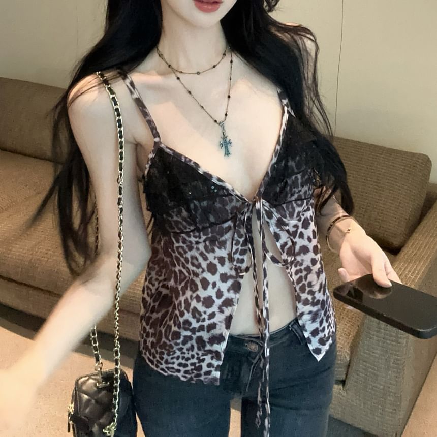 Ruffle Slit Panel Print Tie-Up V-Neck Leopard Top Cami