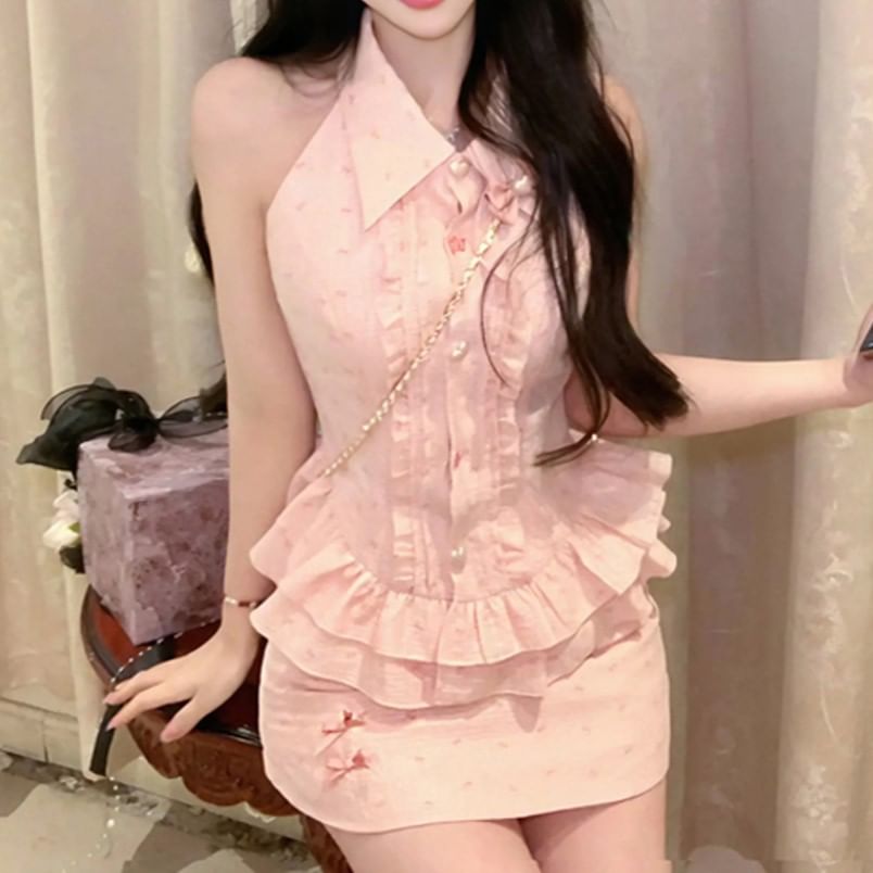 Collared Sleeveless Brooch Ruffle Blouse Mini Waist / Pencil Print Skirt Bow Set High