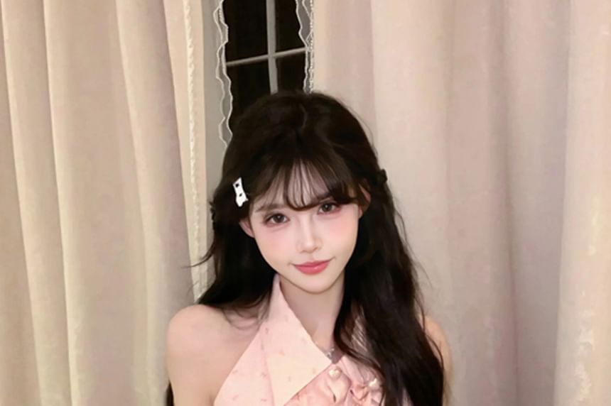 Collared Sleeveless Brooch Ruffle Blouse Mini Waist / Pencil Print Skirt Bow Set High