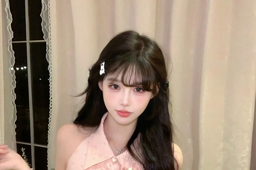 Collared Sleeveless Brooch Ruffle Blouse Mini Waist / Pencil Print Skirt Bow Set High