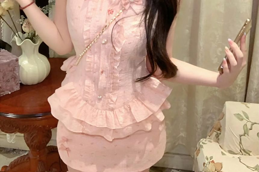 Collared Sleeveless Brooch Ruffle Blouse Mini Waist / Pencil Print Skirt Bow Set High