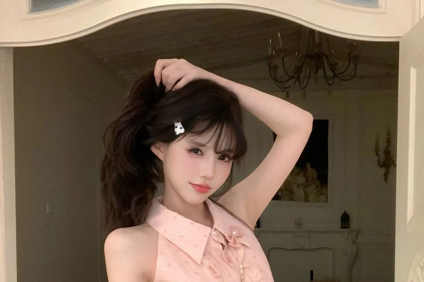 Collared Sleeveless Brooch Ruffle Blouse Mini Waist / Pencil Print Skirt Bow Set High