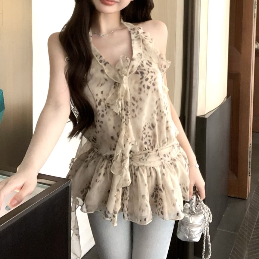 Halter Ruffle Print Leopard Top