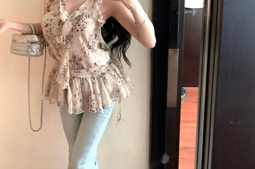 Halter Ruffle Print Leopard Top