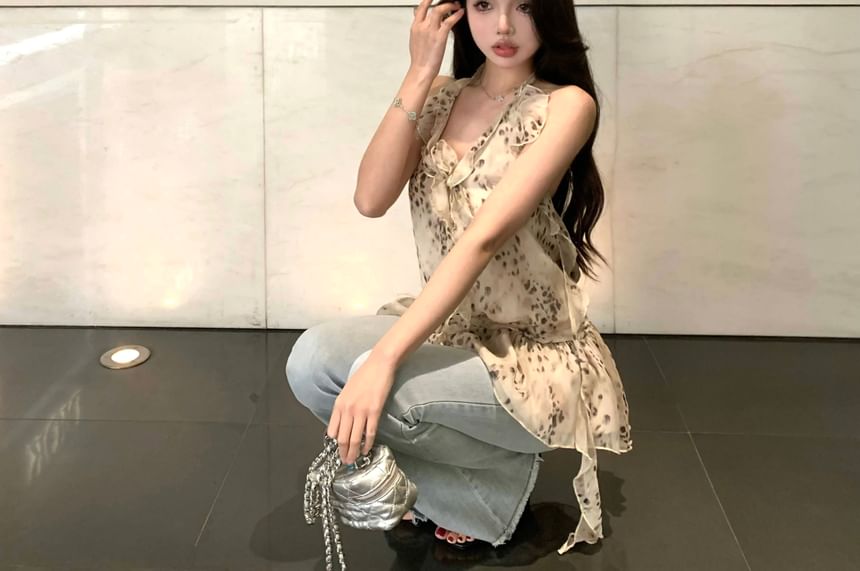 Halter Ruffle Print Leopard Top