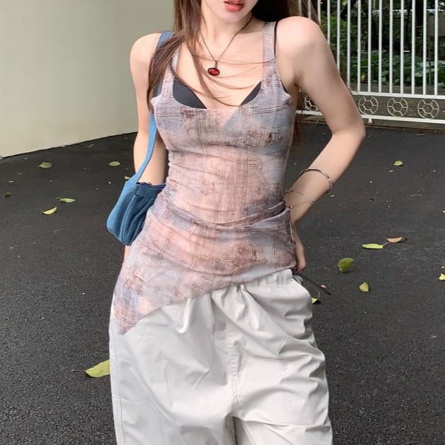 Bra Asymmetrical Tank Neck Plain / Denim Top Sheer Print Square