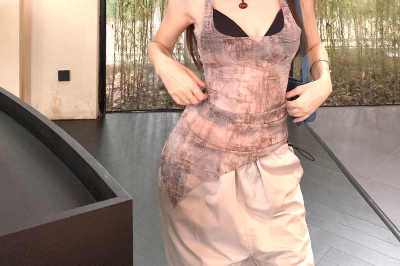 Bra Asymmetrical Tank Neck Plain / Denim Top Sheer Print Square