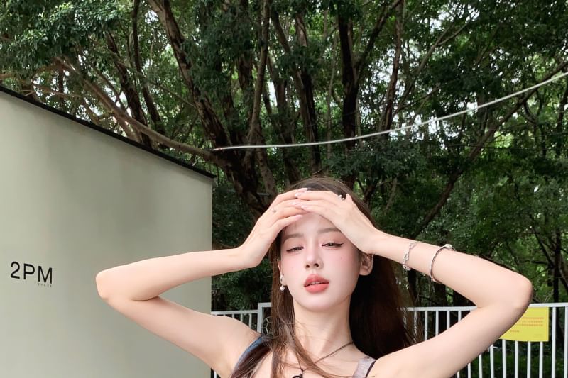 Bra Asymmetrical Tank Neck Plain / Denim Top Sheer Print Square