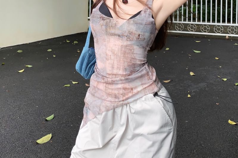 Bra Asymmetrical Tank Neck Plain / Denim Top Sheer Print Square