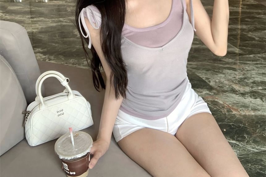 Scoop Top Plain Tie Deep Camisole Tank Shoulder Plunge + Neck Set: