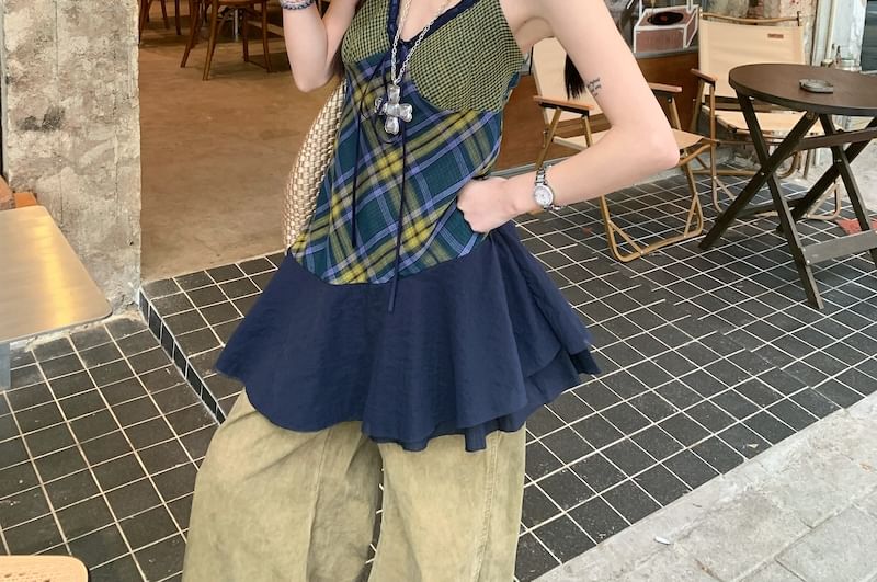 V-Neck Panel Halter Top Plaid