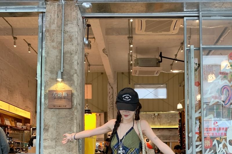 V-Neck Panel Halter Top Plaid