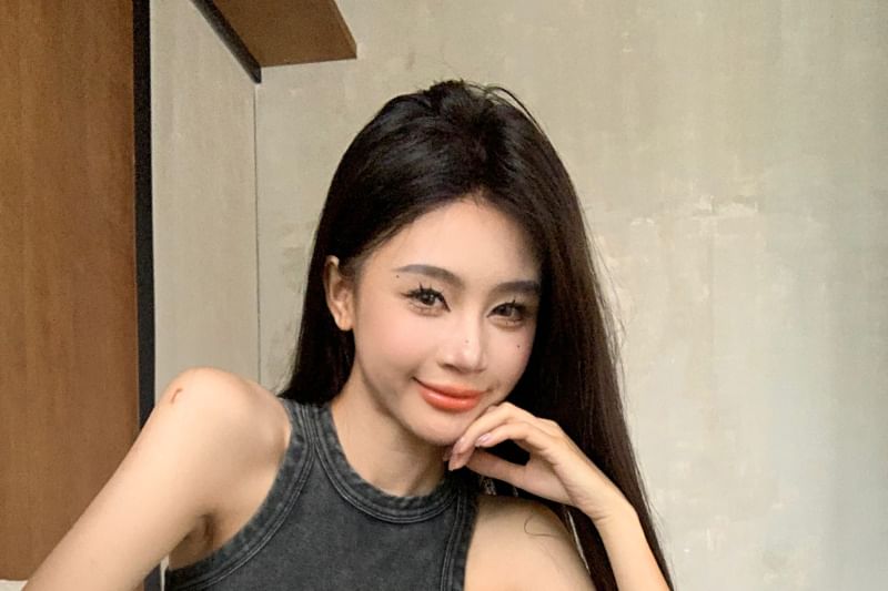 Crew Top Drawstring Tank Waist / Pants Leg Plain Wide Washed Neck