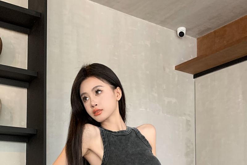 Crew Top Drawstring Tank Waist / Pants Leg Plain Wide Washed Neck