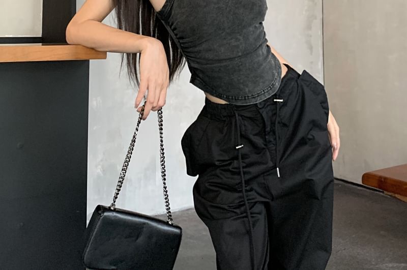 Crew Top Drawstring Tank Waist / Pants Leg Plain Wide Washed Neck