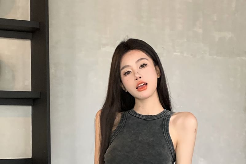 Crew Top Drawstring Tank Waist / Pants Leg Plain Wide Washed Neck