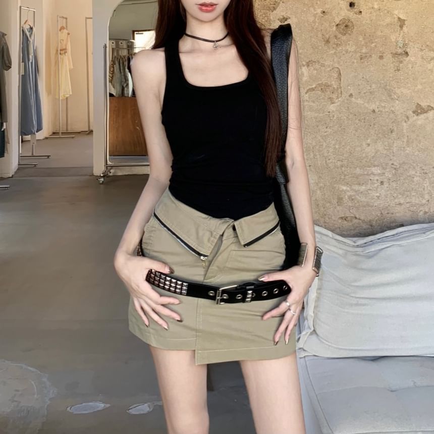 Studded Plain Tank Square Pencil High Skirt Neck Mini Top / Belt Asymmetrical Waist