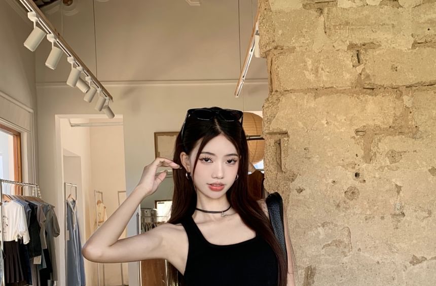 Studded Plain Tank Square Pencil High Skirt Neck Mini Top / Belt Asymmetrical Waist