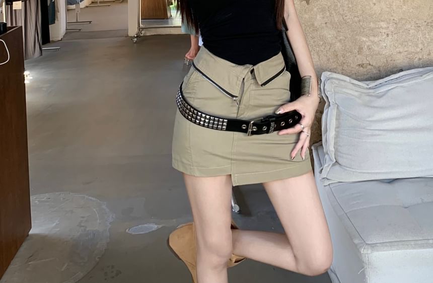 Studded Plain Tank Square Pencil High Skirt Neck Mini Top / Belt Asymmetrical Waist